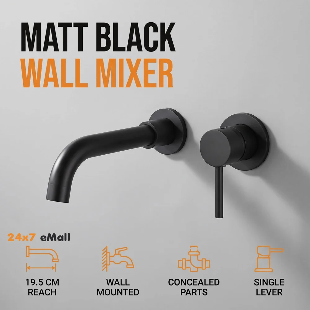 SS Black Mixer Hot and Cold Basin Tap Faucet Basin Mixer Wall Mounted Mixer with Concealed Parts, for Bathroom Wash Basin Matt Black -19.5cm