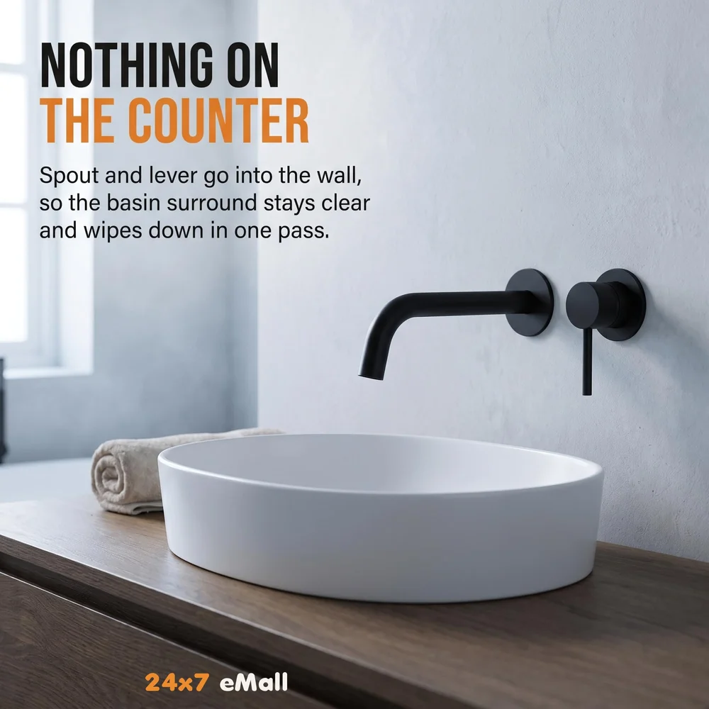 SS Black Mixer Hot and Cold Basin Tap Faucet Basin Mixer Wall Mounted Mixer with Concealed Parts, for Bathroom Wash Basin Matt Black -19.5cm