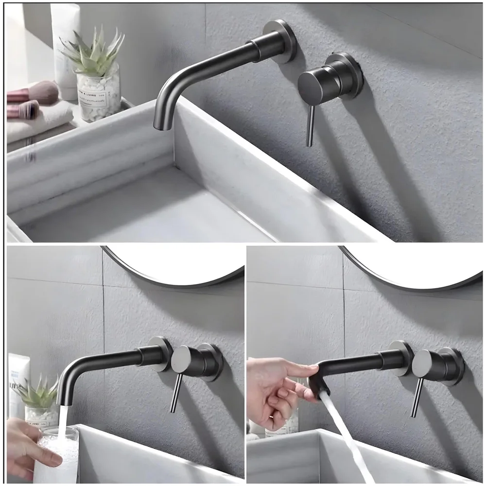 SS Black Mixer Hot and Cold Basin Tap Faucet Basin Mixer Wall Mounted Mixer with Concealed Parts, for Bathroom Wash Basin Matt Black -19.5cm
