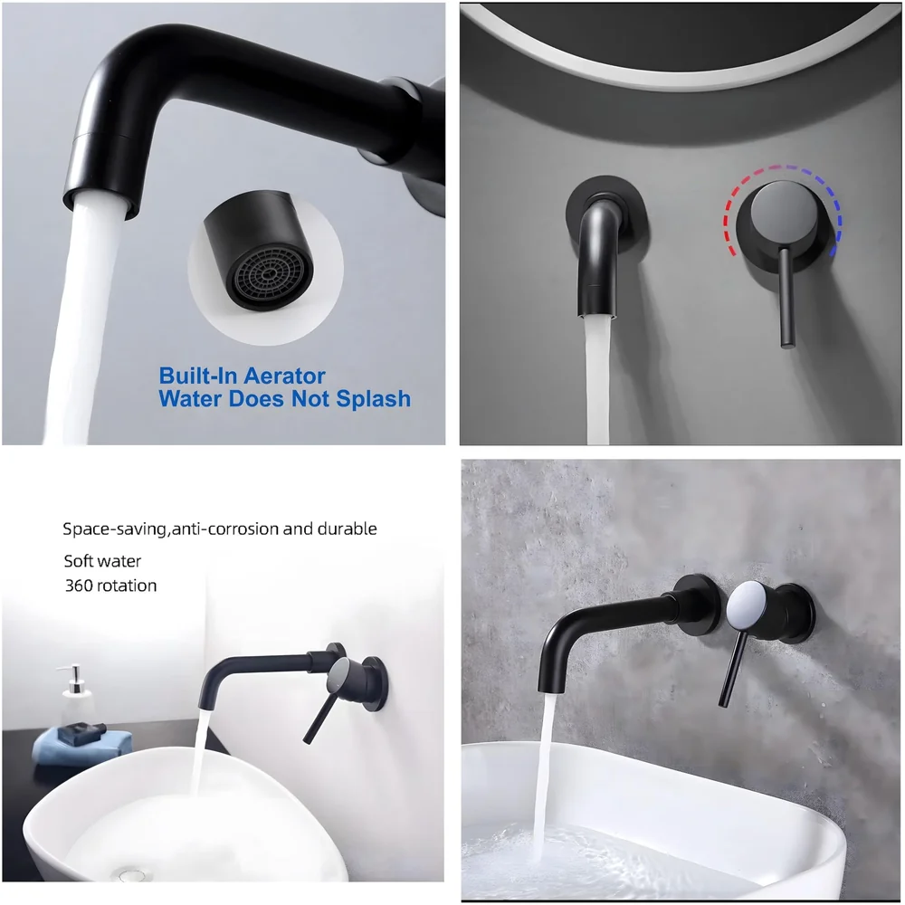 SS Black Mixer Hot and Cold Basin Tap Faucet Basin Mixer Wall Mounted Mixer with Concealed Parts, for Bathroom Wash Basin Matt Black -19.5cm