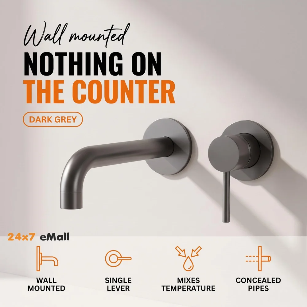 Dark Grey Wall Basin Tap Hot and Cold Basin Tap Faucet Basin Mixer Wall Mounted Mixer with Concealed Parts, for Bathroom Wash Basin Matt Grey -19.5cm