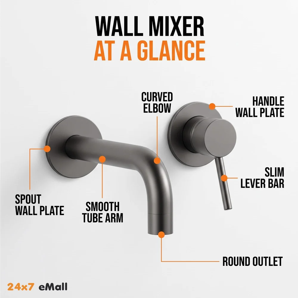 Dark Grey Wall Basin Tap Hot and Cold Basin Tap Faucet Basin Mixer Wall Mounted Mixer with Concealed Parts, for Bathroom Wash Basin Matt Grey -19.5cm