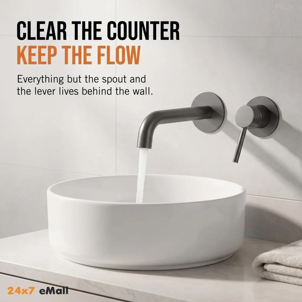 Dark Grey Wall Basin Tap Hot and Cold Basin Tap Faucet Basin Mixer Wall Mounted Mixer with Concealed Parts, for Bathroom Wash Basin Matt Grey -19.5cm