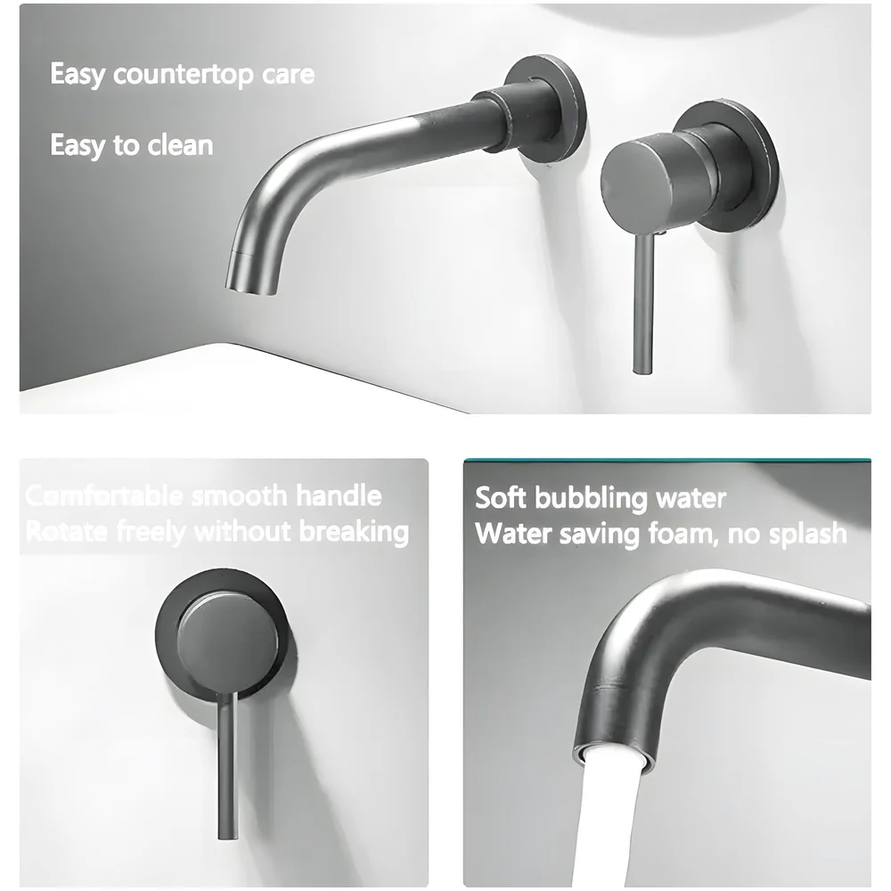 Dark Grey Wall Basin Tap Hot and Cold Basin Tap Faucet Basin Mixer Wall Mounted Mixer with Concealed Parts, for Bathroom Wash Basin Matt Grey -19.5cm