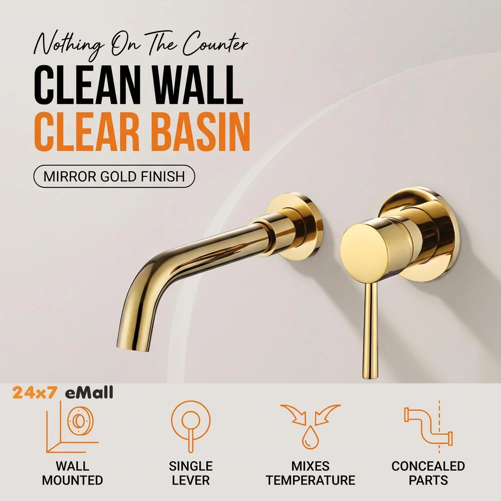 SS Gold Wall Mixer Hot and Cold Basin Tap Faucet Basin Mixer Wall Mounted Mixer with Concealed Parts, for Bathroom Wash Basin -19.5cm