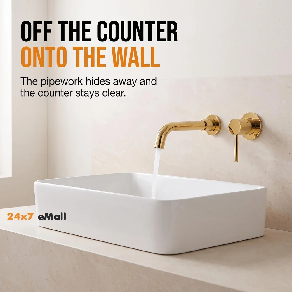 SS Gold Wall Mixer Hot and Cold Basin Tap Faucet Basin Mixer Wall Mounted Mixer with Concealed Parts, for Bathroom Wash Basin -19.5cm