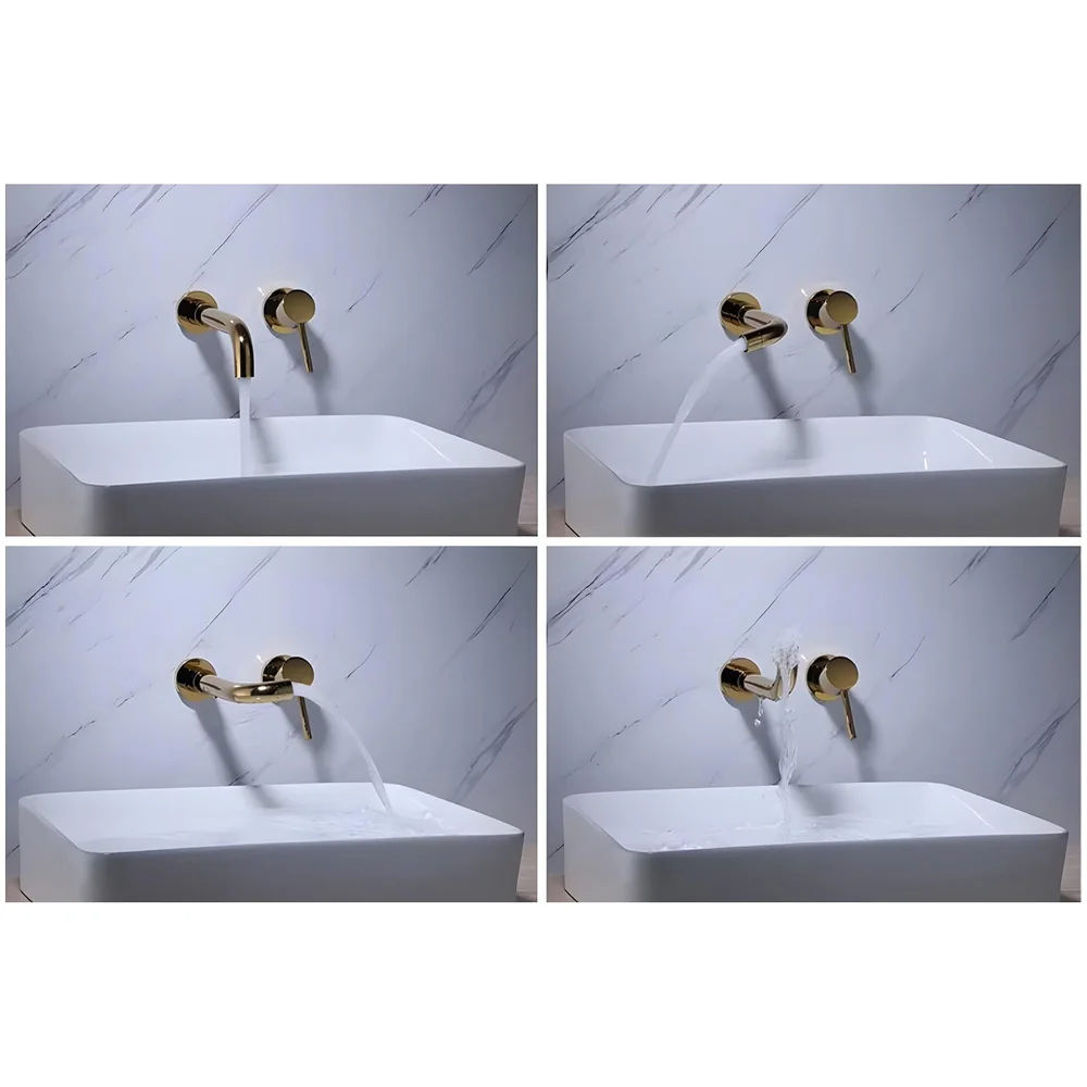 SS Gold Wall Mixer Hot and Cold Basin Tap Faucet Basin Mixer Wall Mounted Mixer with Concealed Parts, for Bathroom Wash Basin -19.5cm