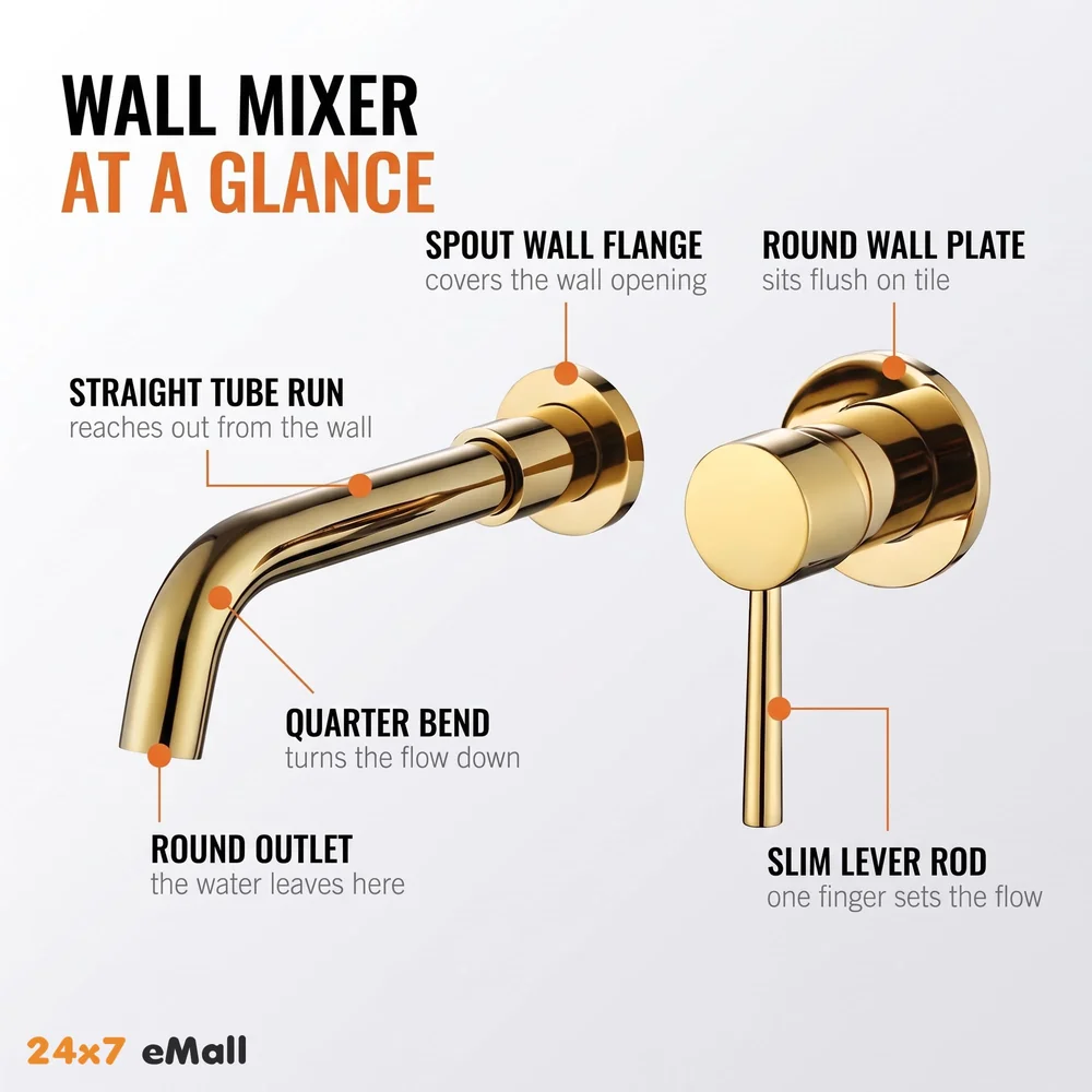 SS Gold Wall Mixer Hot and Cold Basin Tap Faucet Basin Mixer Wall Mounted Mixer with Concealed Parts, for Bathroom Wash Basin -19.5cm