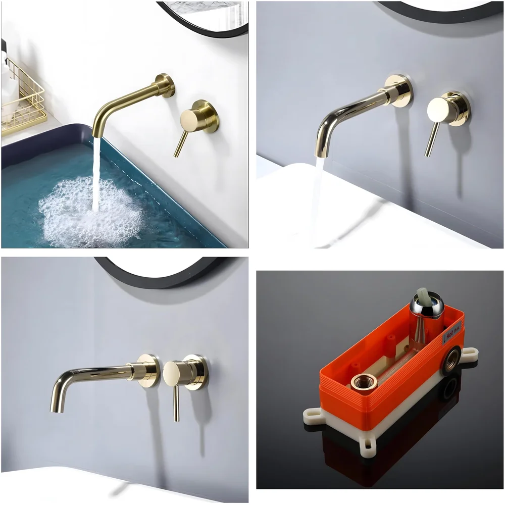 SS Gold Wall Mixer Hot and Cold Basin Tap Faucet Basin Mixer Wall Mounted Mixer with Concealed Parts, for Bathroom Wash Basin -19.5cm