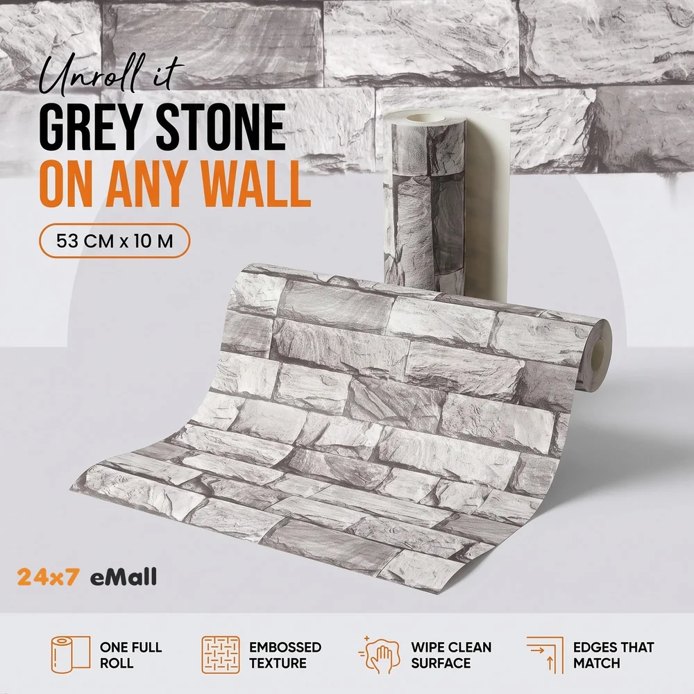 Quality Premium Textured Wallpaper Grey Bricks Design (0.53 * 10 M, 57 Square Feet) 1 Roll of Grey Bricks