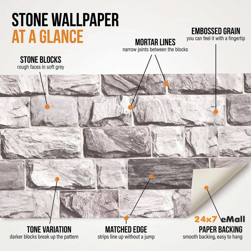 Quality Premium Textured Wallpaper Grey Bricks Design (0.53 * 10 M, 57 Square Feet) 1 Roll of Grey Bricks