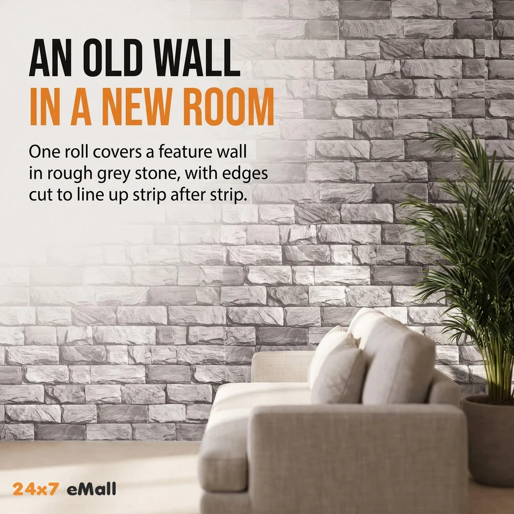 Quality Premium Textured Wallpaper Grey Bricks Design (0.53 * 10 M, 57 Square Feet) 1 Roll of Grey Bricks