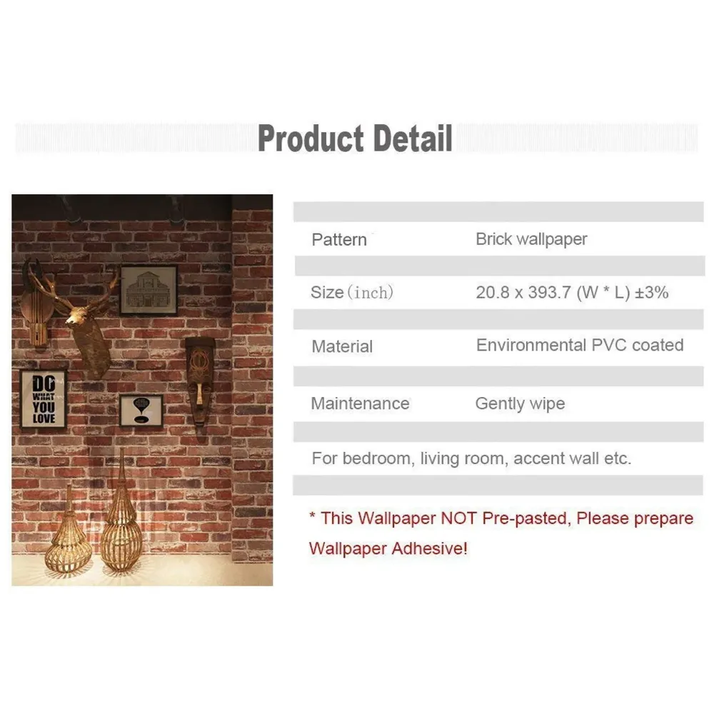 PVC Coated Textured Wallpaper With Bricks Design, 0.53 x 10 M