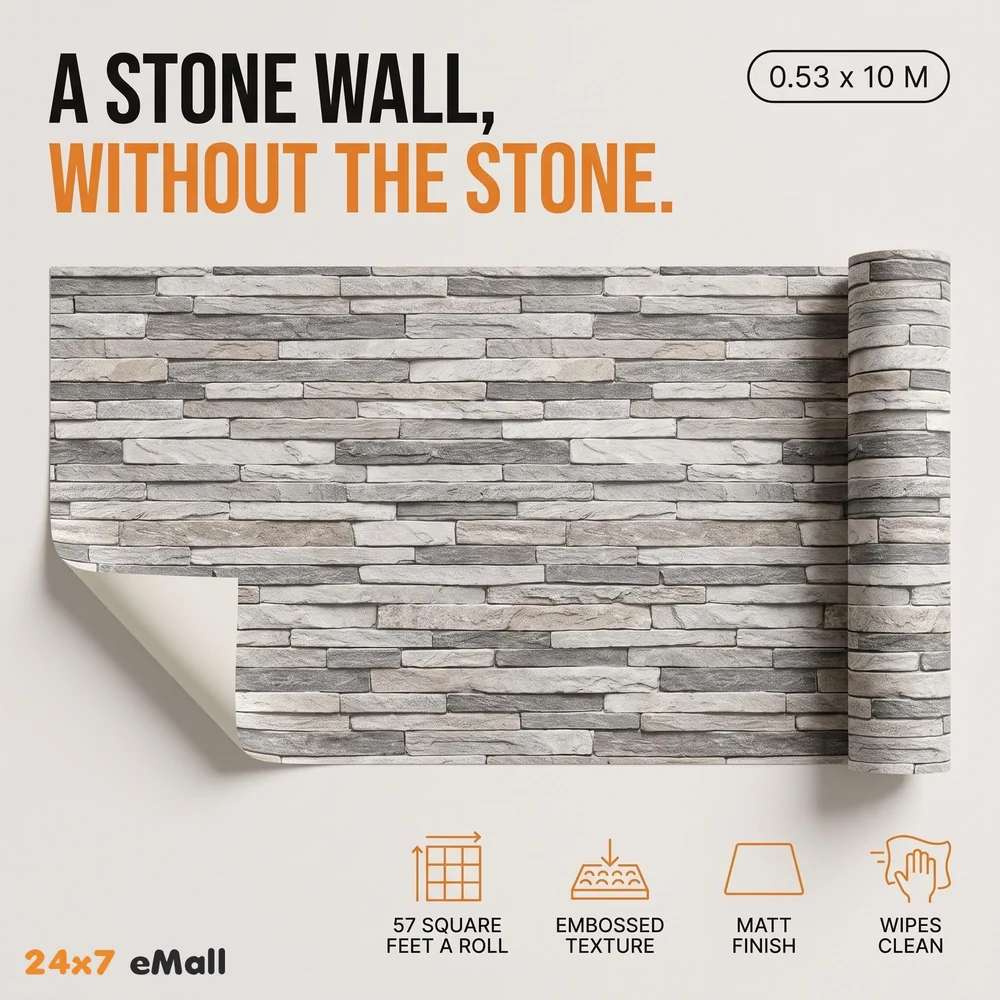 Textured Dholpur Slate Stone Wallpaper Hotelier Series (0.53 * 10 M, 57 Square Feet) Full Roll (Gris Slate)