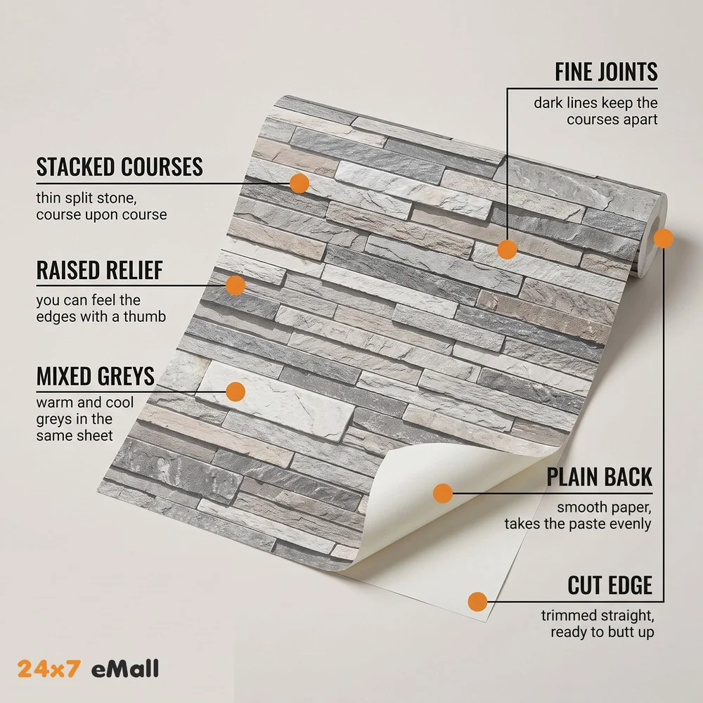 Textured Dholpur Slate Stone Wallpaper Hotelier Series (0.53 * 10 M, 57 Square Feet) Full Roll (Gris Slate)