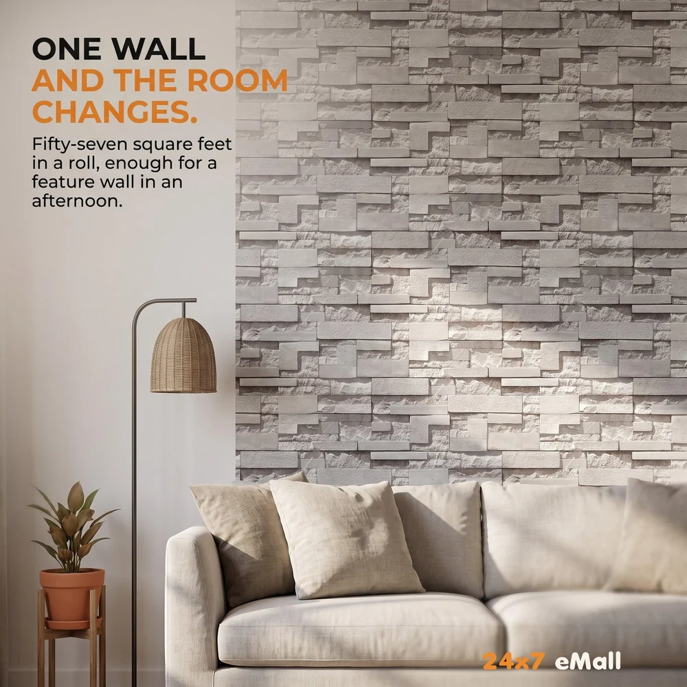 Textured Dholpur Slate Stone Wallpaper Hotelier Series (0.53 * 10 M, 57 Square Feet) Full Roll (Gris Slate)