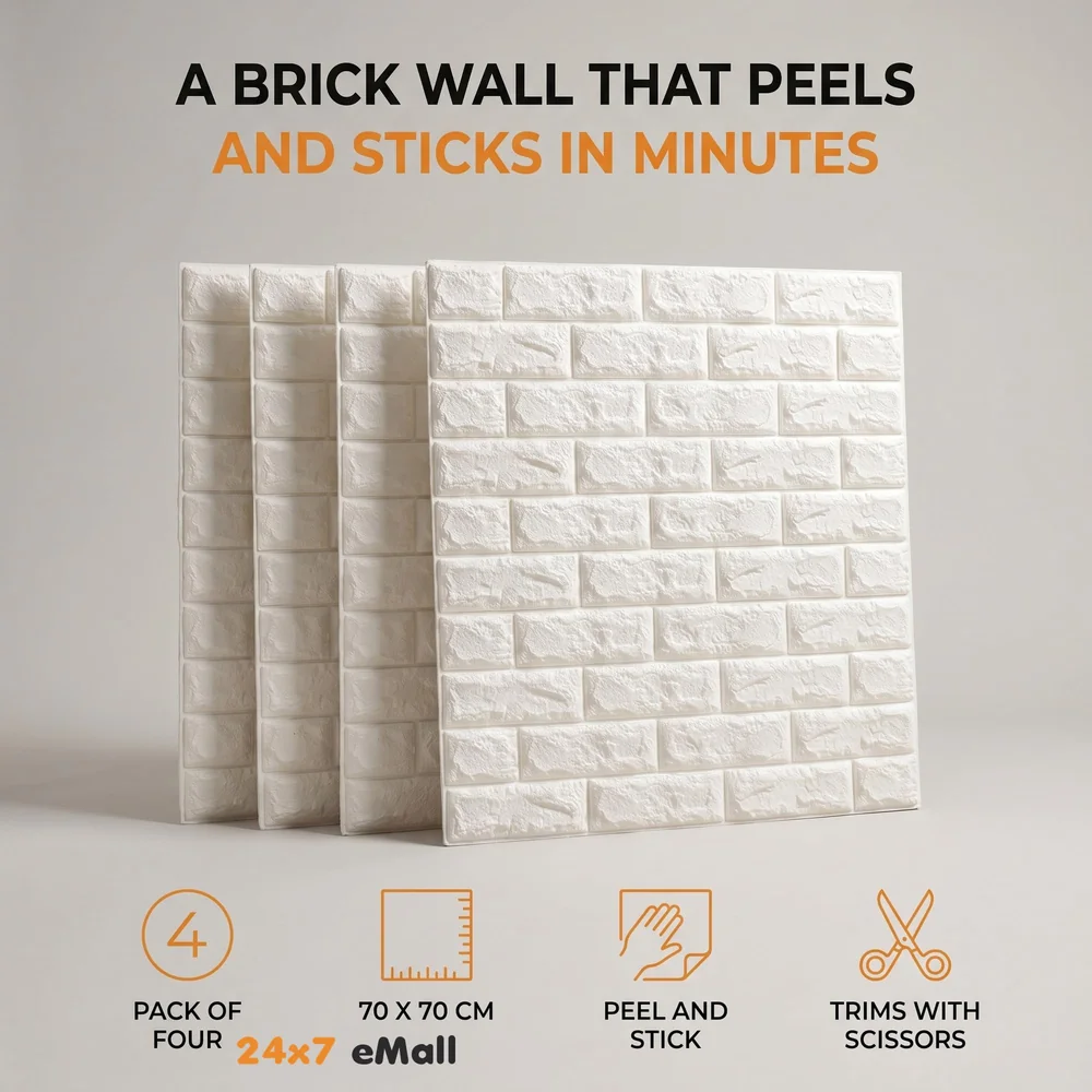 4 Pcs Foam Wall Paper, 3D Brick Wall Stickers Self-Adhesive Panel Decal PE Wallpaper - Peel and Stick Wall Panels (4, White Bricks)(23.2 Sqft)