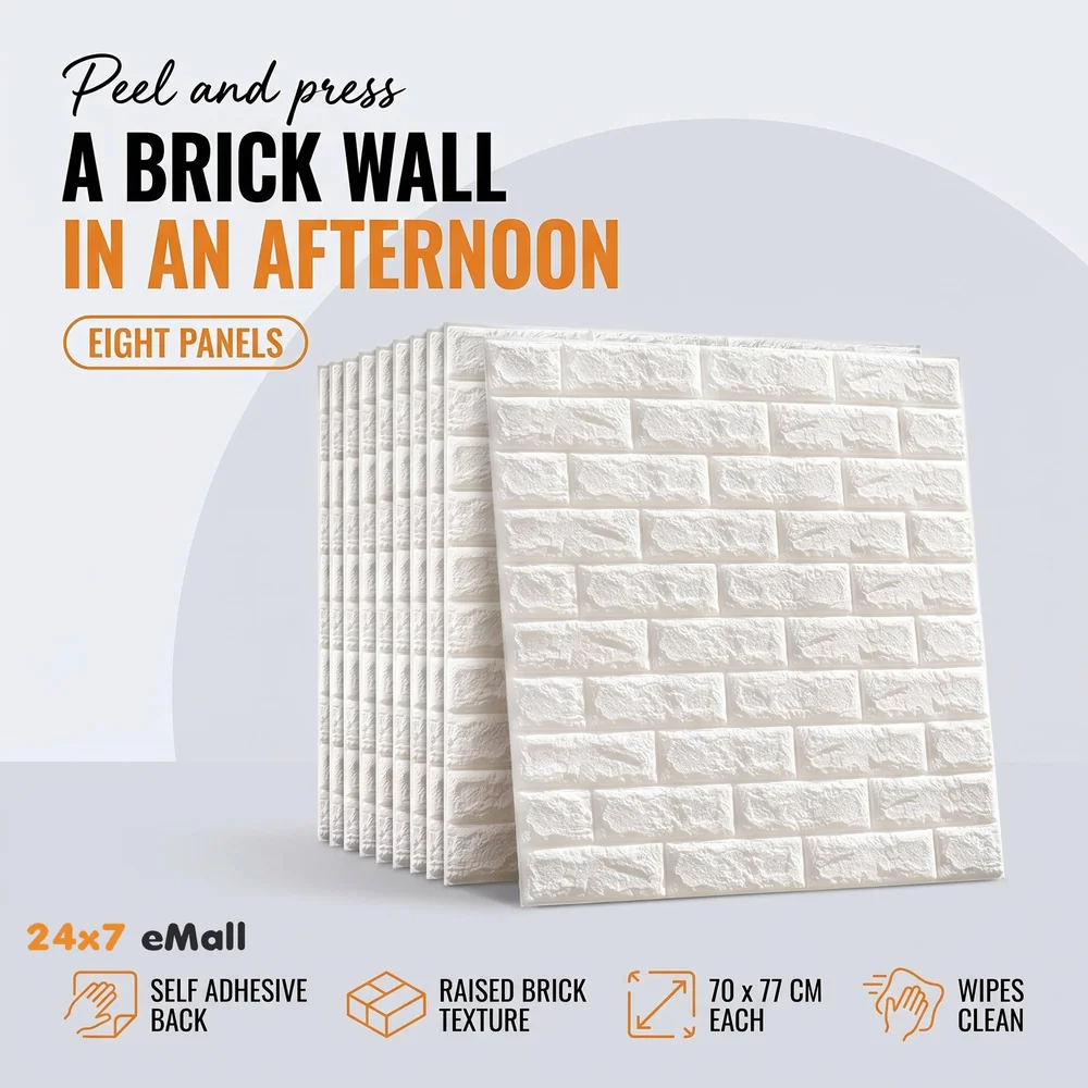 8 Pcs Wall Paper, 3D Brick Wall Stickers Self-Adhesive Panel Decal PE Wallpaper - Peel and Stick Wall Panels (8, White Bricks) 46.4 Sq. Ft.