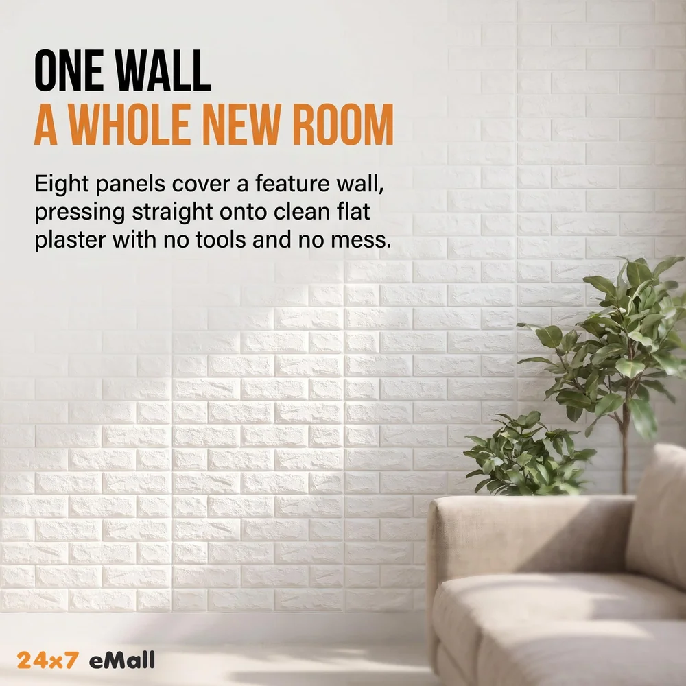 8 Pcs Wall Paper, 3D Brick Wall Stickers Self-Adhesive Panel Decal PE Wallpaper - Peel and Stick Wall Panels (8, White Bricks) 46.4 Sq. Ft.
