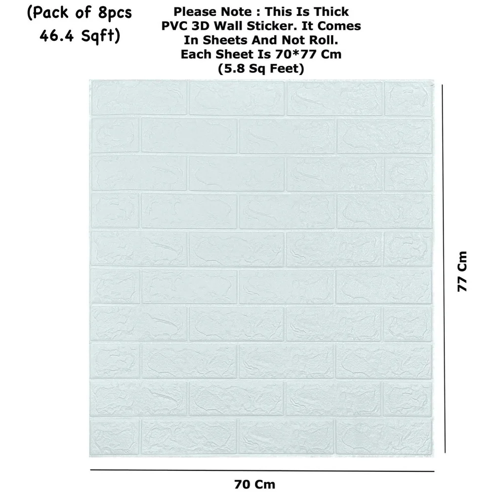 8 Pcs Wall Paper, 3D Brick Wall Stickers Self-Adhesive Panel Decal PE Wallpaper - Peel and Stick Wall Panels (8, White Bricks) 46.4 Sq. Ft.