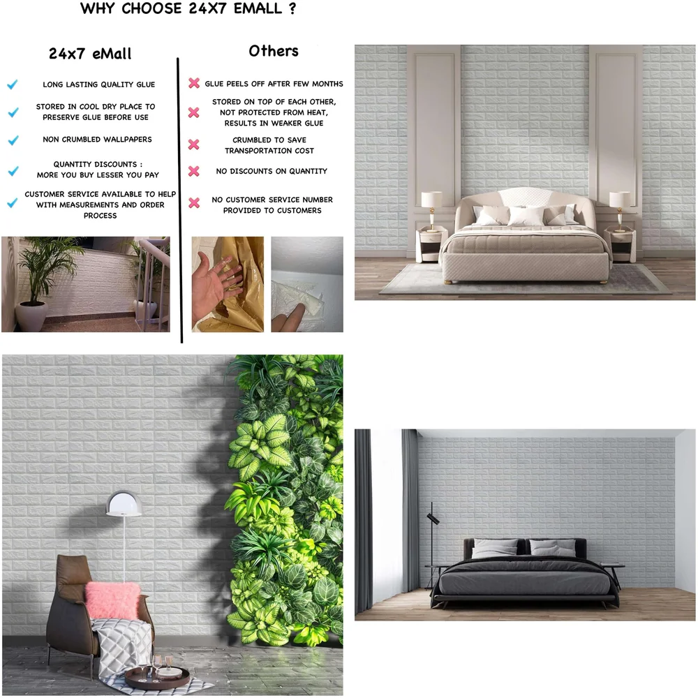 8 Pcs Wall Paper, 3D Brick Wall Stickers Self-Adhesive Panel Decal PE Wallpaper - Peel and Stick Wall Panels (8, White Bricks) 46.4 Sq. Ft.
