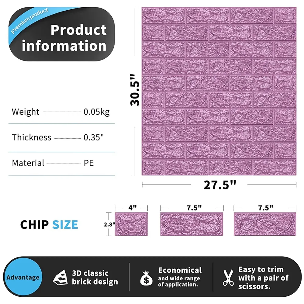 Pink Foam Wall Paper, 3D Brick Wall Stickers Self-Adhesive Panel Decal PE Wallpaper - Peel and Stick Wall Panels, 5.8 Sqft