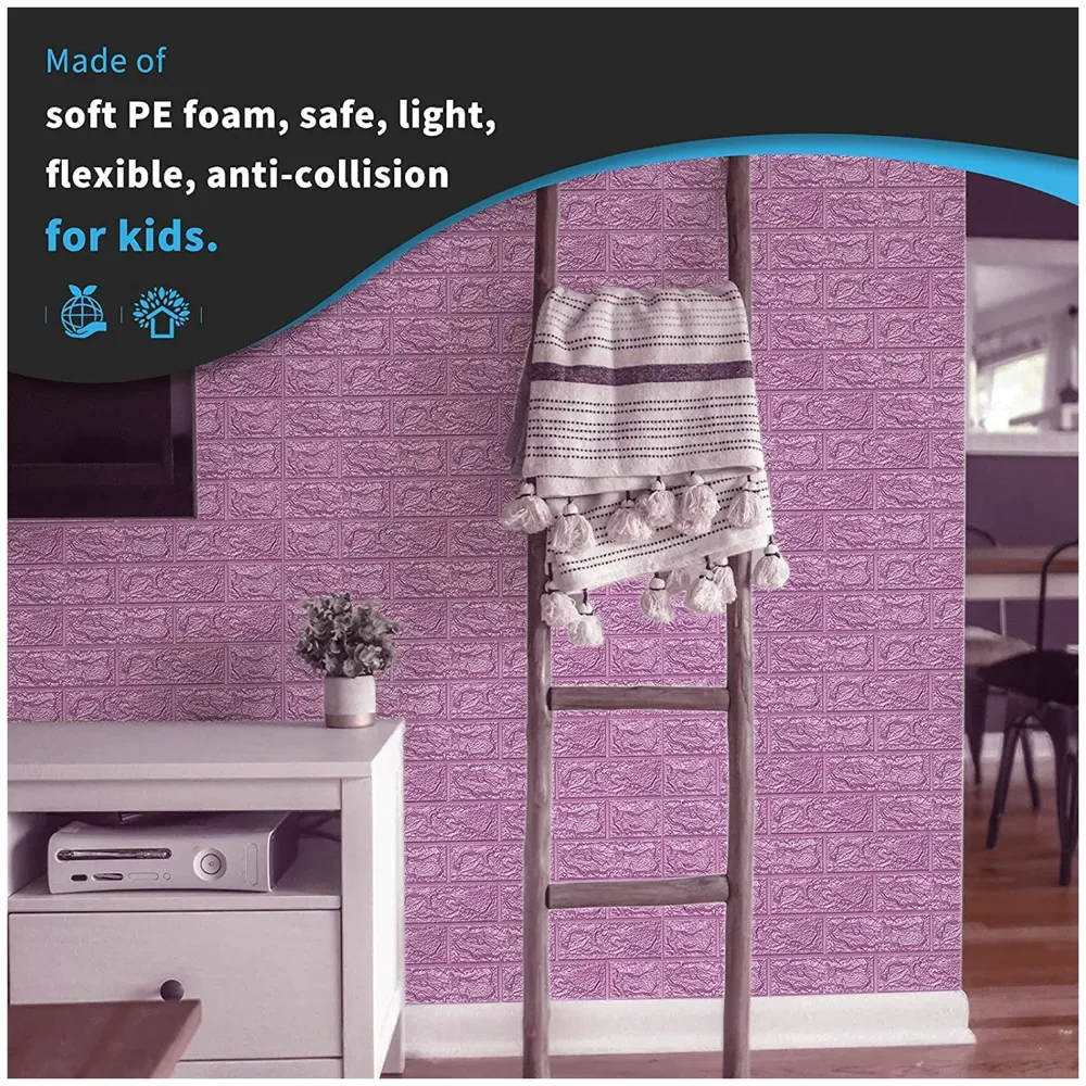 Pink Foam Wall Paper, 3D Brick Wall Stickers Self-Adhesive Panel Decal PE Wallpaper - Peel and Stick Wall Panels, 5.8 Sqft