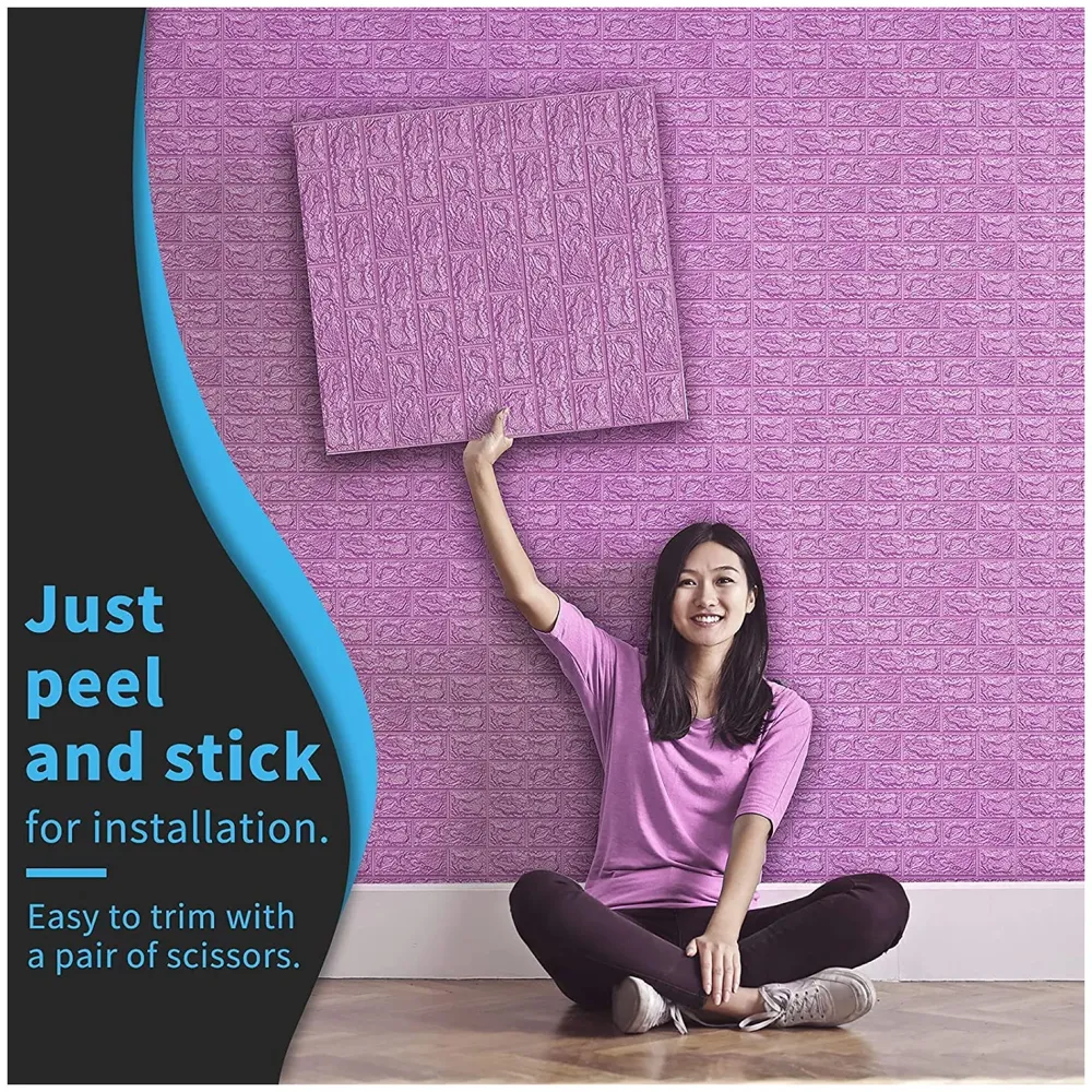 Pink Foam Wall Paper, 3D Brick Wall Stickers Self-Adhesive Panel Decal PE Wallpaper - Peel and Stick Wall Panels, 5.8 Sqft