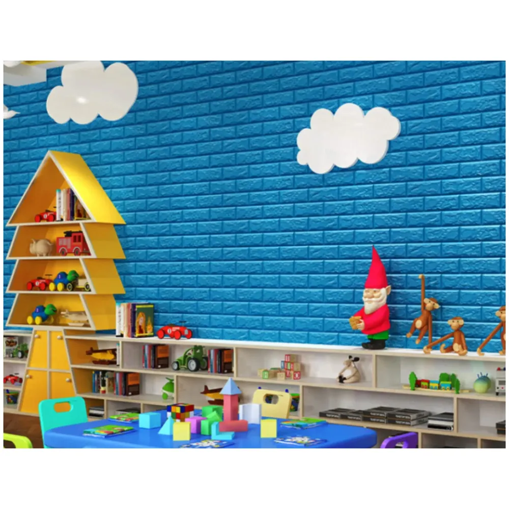 Blue Foam Wall Paper, 3D Brick Wall Stickers Self-Adhesive Panel Decal PE Wallpaper - Peel and Stick Wall Panels, 5.8 Sqft
