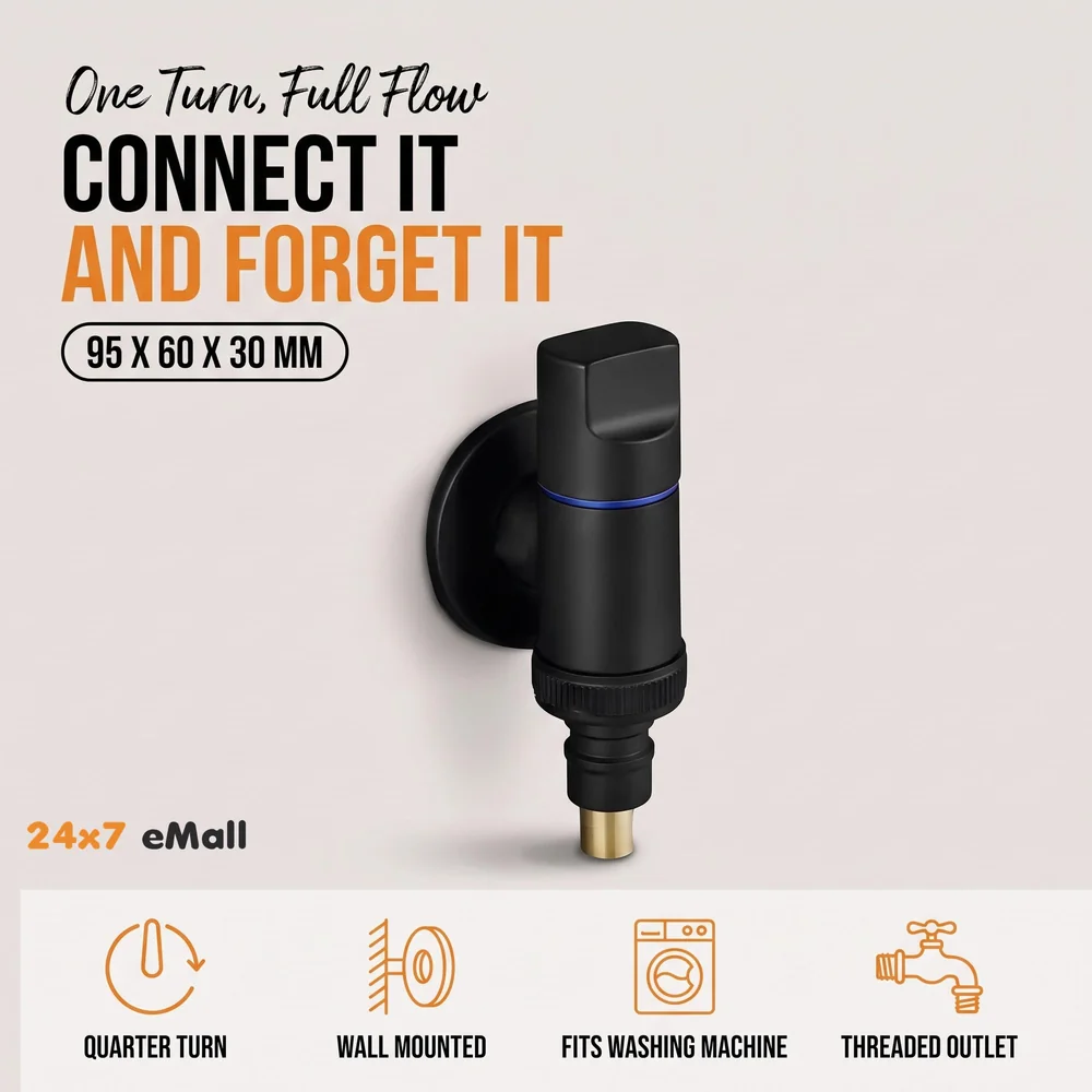 Washing machine Pipe connector Tap Angular Black for Bathroom wash basin, Geyser Angle Valve for Bathroom | Wall Mounted. Stop Cock Toilet Commode, Washbasin, 9.5 cm x 3cm