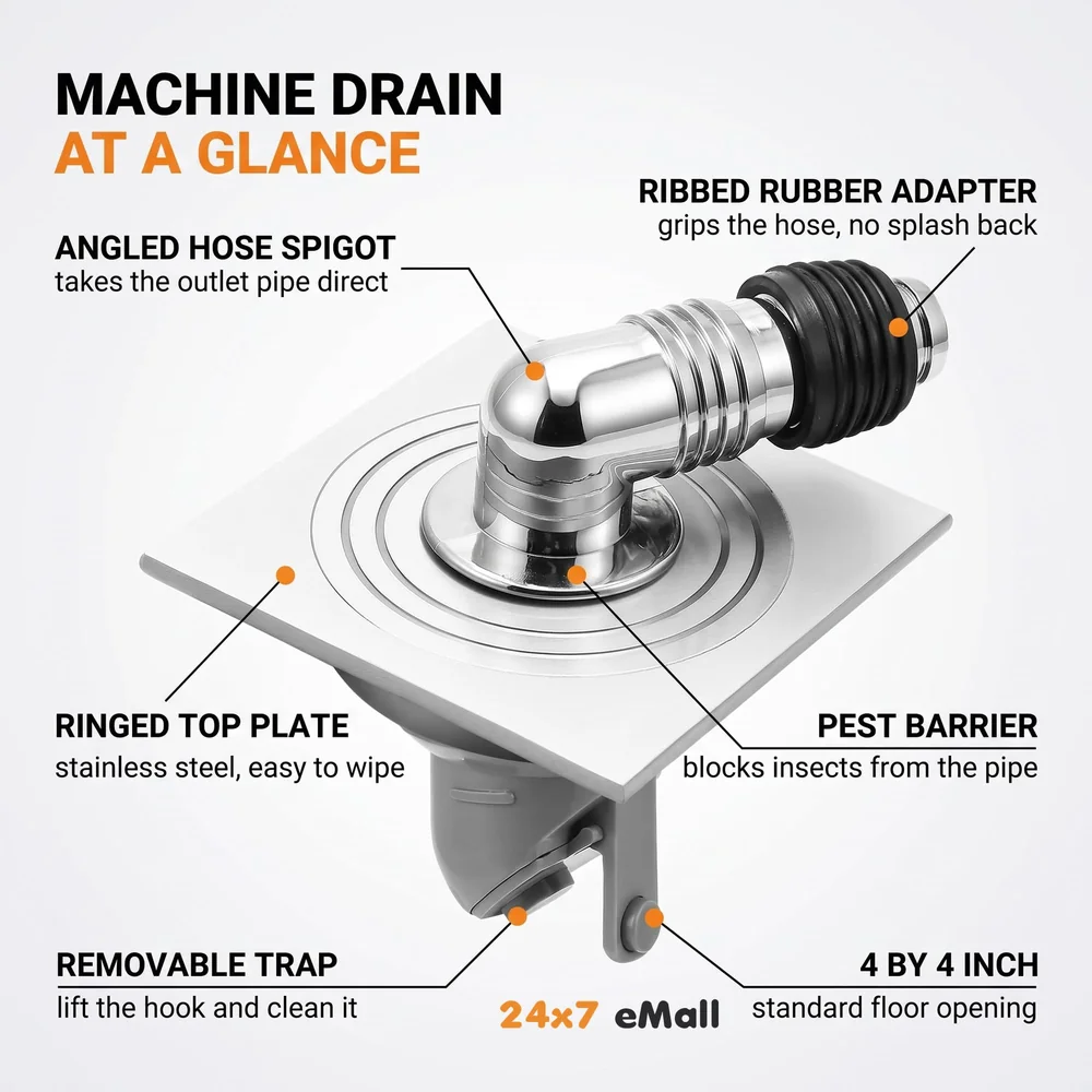 4 x 4 Inch Washing Machine and Dish Washer Floor Drain - Silver with Chrome Finish - Floor Trap for Bathroom, Kitchen - Anti Clogging & Anti Pests.