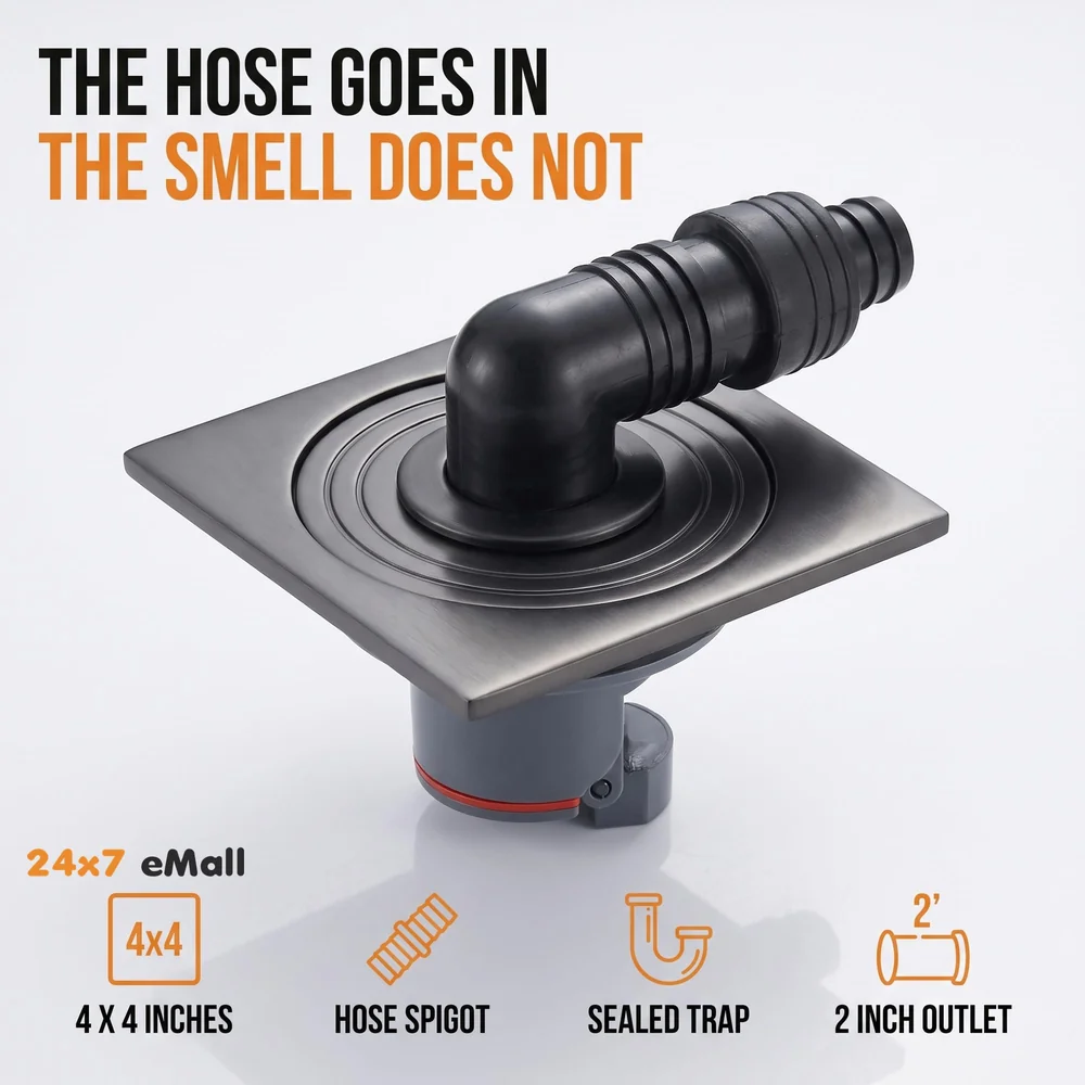 Grey 4 x 4 Inch Washing Machine and Dish Washer Floor Drain - Grey Finish - Floor Trap for Bathroom, Kitchen - Anti Clogging & Anti Pests.- 10 cm x 10 cm