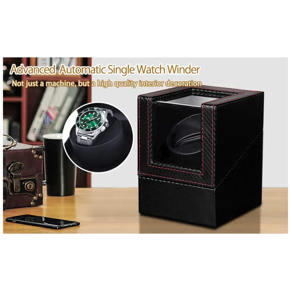Unisex Luxury Automatic Single Watch Winder With Quiet Motor, In Black Leather, Ac Adapter Or Battery Powered Watch Box Case, Analog-Digital