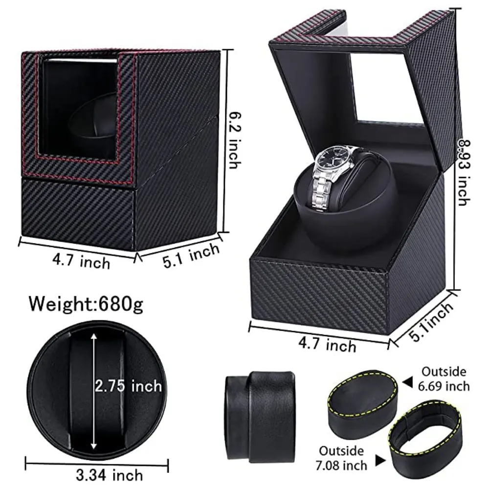 Unisex Luxury Automatic Single Watch Winder With Quiet Motor, In Black Leather, Ac Adapter Or Battery Powered Watch Box Case, Analog-Digital