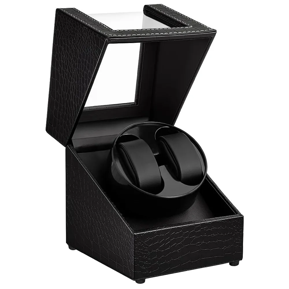 Watch Winder for Automatic Watches,Automatic Watch Winder Box,Double Watch Winder with Quiet Japanese Motor,Ideal Gift for Father's Day, Black Crocodile Pattern Leather, Rotating Watch Box 2
