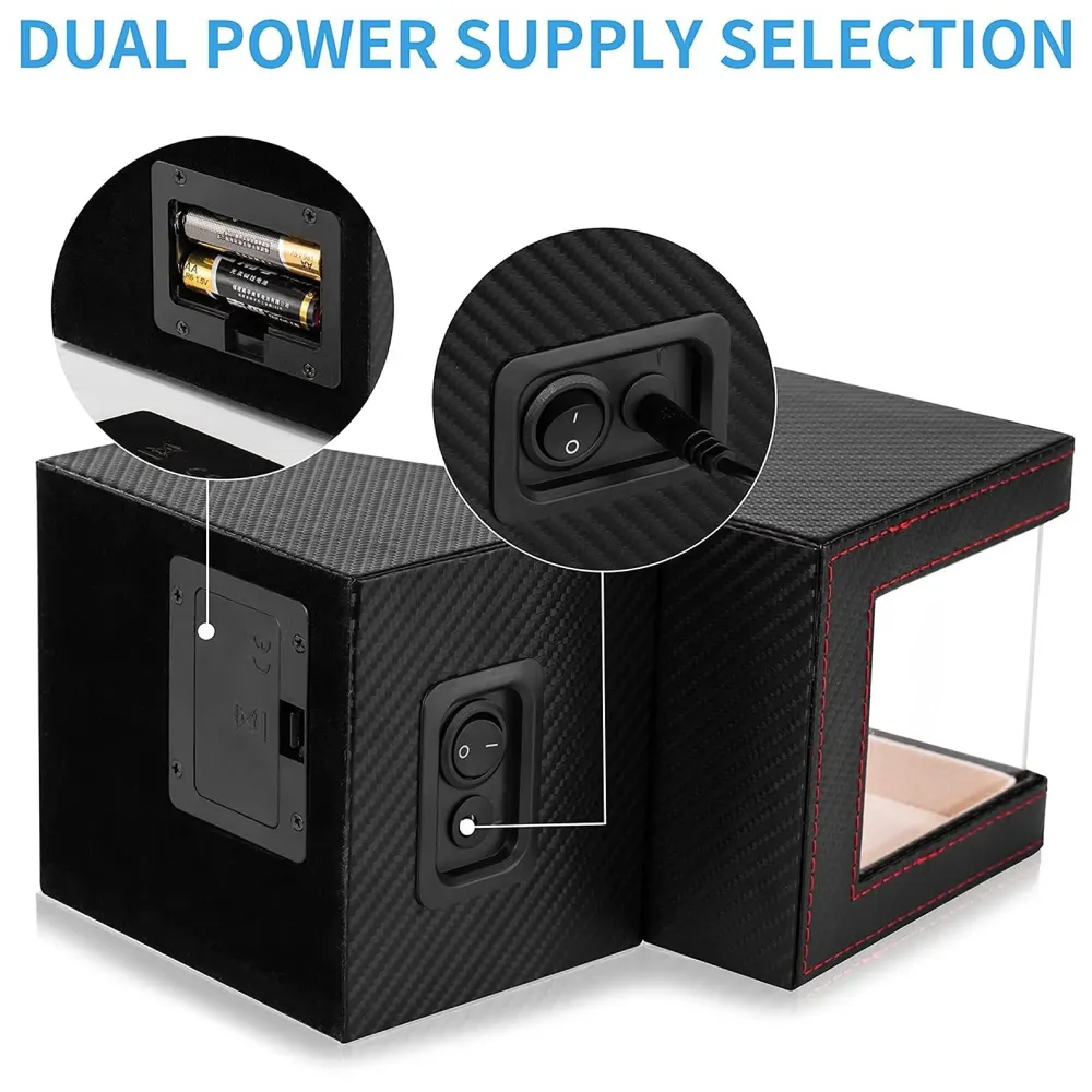 Luxury Automatic Single Watch Winder with Quiet Motor, in Black Leather, AC Adapter or Battery Powered Watch Box Case Beige Interior