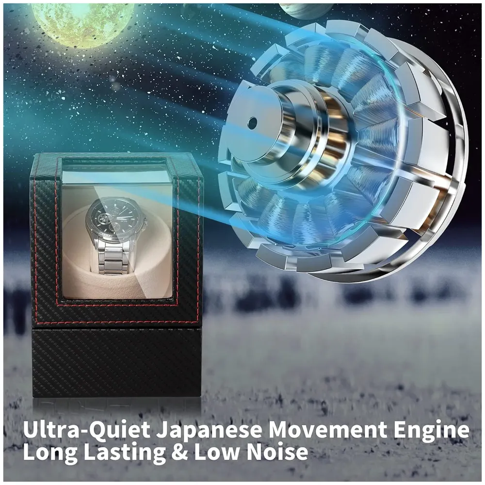 Luxury Automatic Single Watch Winder with Quiet Motor, in Black Leather, AC Adapter or Battery Powered Watch Box Case Beige Interior