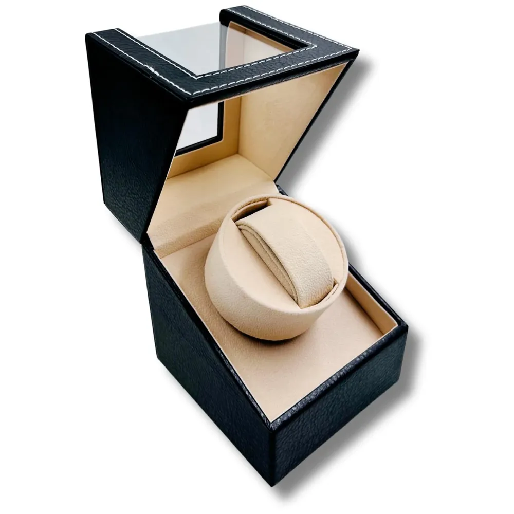 Luxury Automatic Single Watch Winder with Quiet Motor, in Black Leather, AC Adapter or Battery Powered Watch Box Case Beige Interior