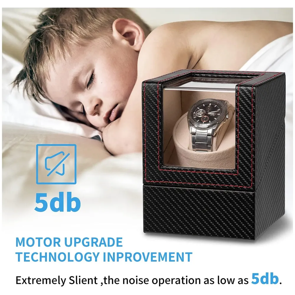 Luxury Automatic Single Watch Winder with Quiet Motor, in Black Leather, AC Adapter or Battery Powered Watch Box Case Beige Interior