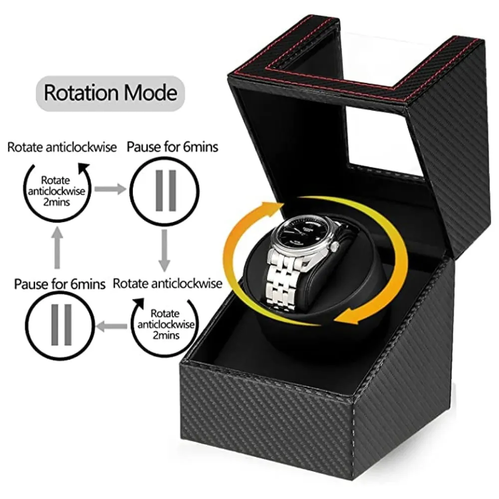 Luxury Automatic Single Watch Winder with Quiet Motor, in Black Leather, AC Adapter or Battery Powered Watch Box Case Beige Interior