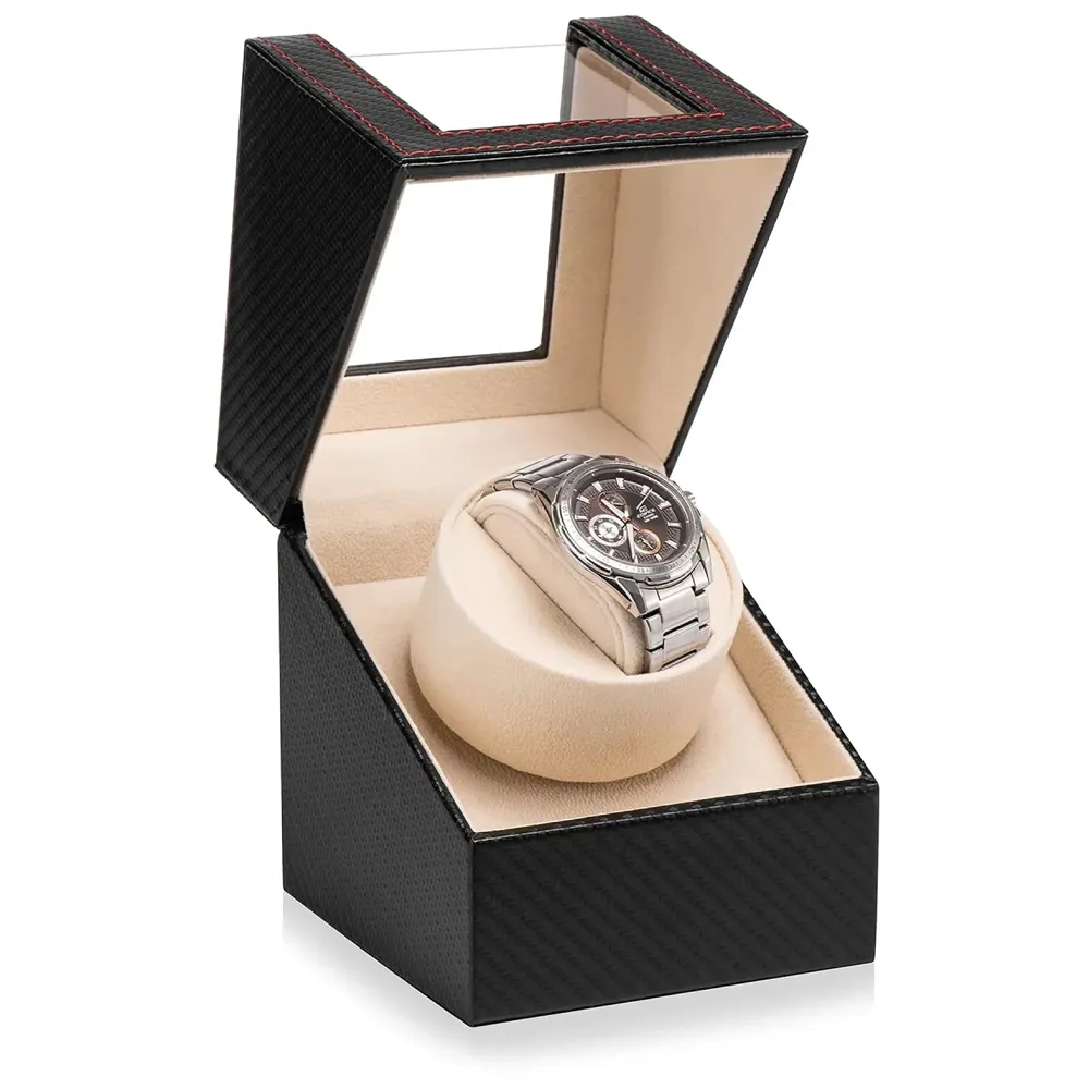Efaithtek Men Automatic Single Analog Watch Winder In Black Carbon Fiber Leather With Japanese Mabuchi Quiet Motor,Ac Adapter Or Battery Powered