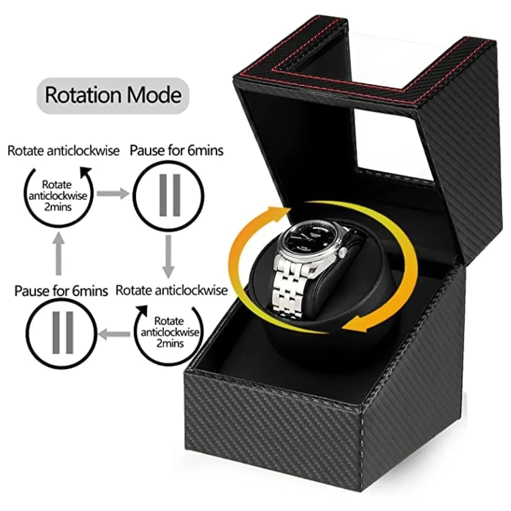 Black Luxury Automatic Single Watch Winder with Quiet Motor, AC Adapter or Battery Powered Watch Box Case Carbon Fibre Design with Red Lining