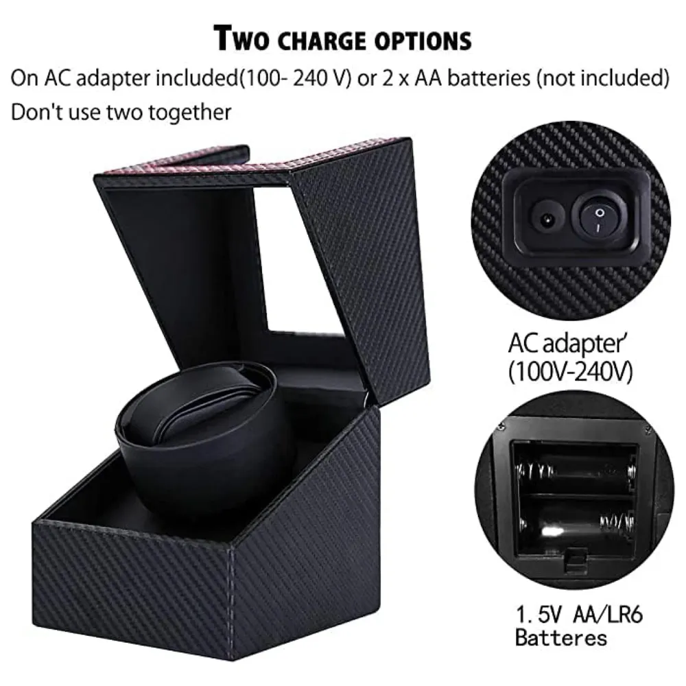 Black Luxury Automatic Single Watch Winder with Quiet Motor, AC Adapter or Battery Powered Watch Box Case Carbon Fibre Design with Red Lining