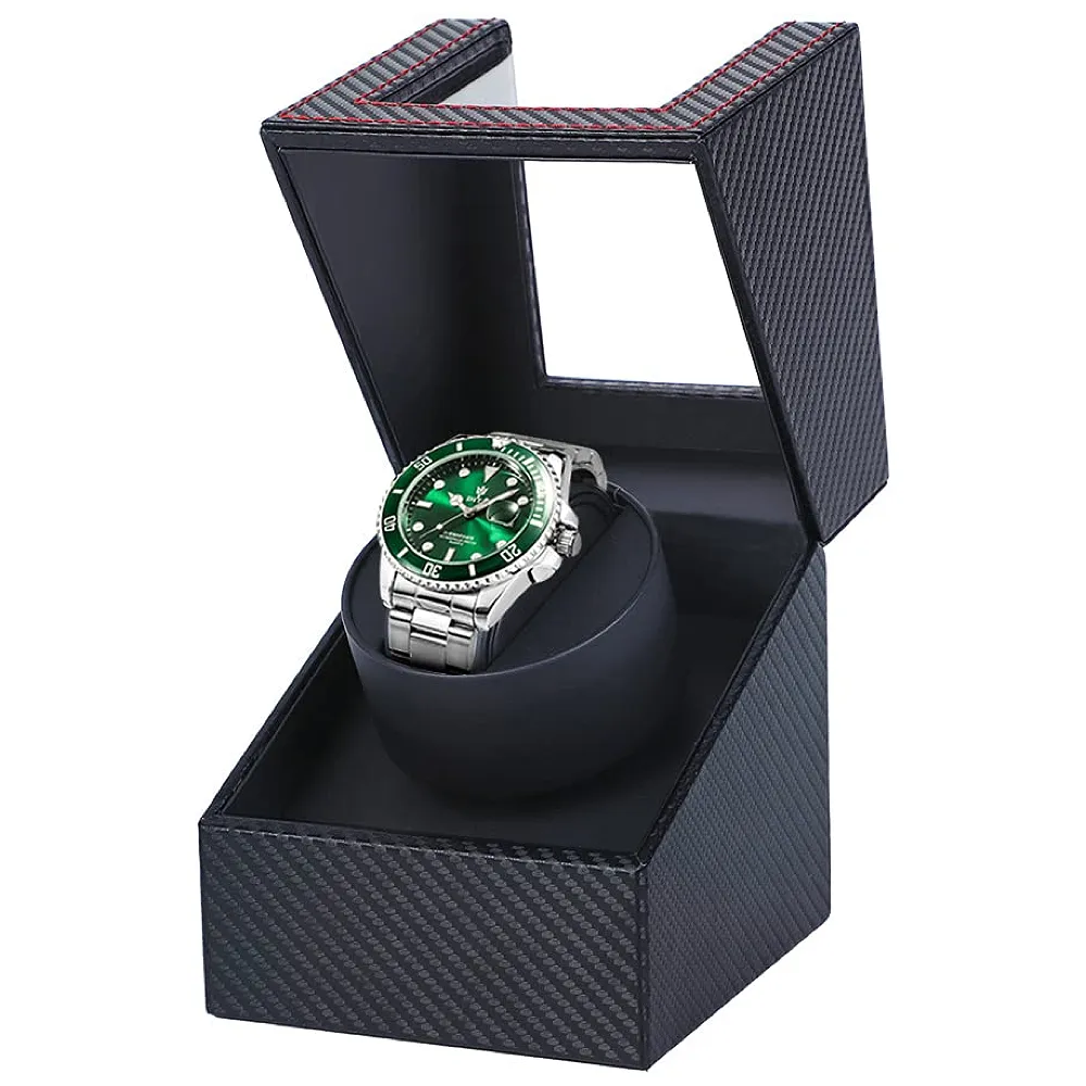 Automatic Single Watch Winder with Quiet Japanese Motor, in Wood Shell and Black Leather(Carbon Fiber Leather)