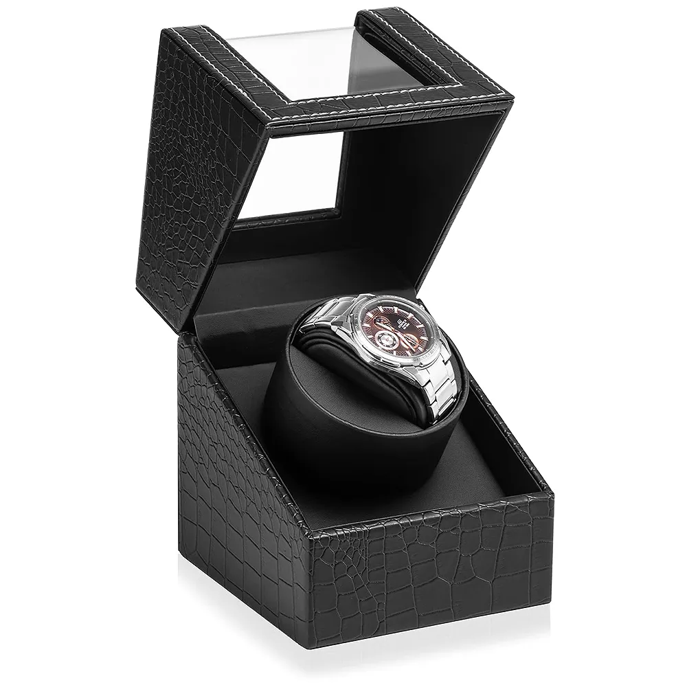 Efaithtek Automatic Single Watch Winder with Japanese Quiet Motor?AC Adapter or Battery Powered, Black Crocodile Pattern Leather, Japanese