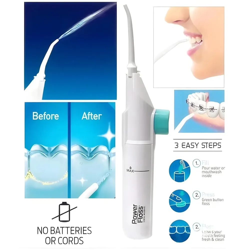 Portable Water Flosser – Manual Hand Powered Dental Water Jet & Oral Irrigator – Waterproof Travel Tooth Cleaner for Teeth and Gums