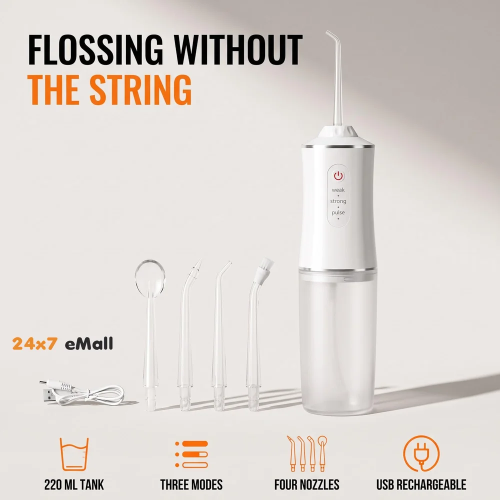 Water Flosser Portable Dental Water Jet Oral Teeth Irrigator Waterproof Tooth Cleaner Water Flosser Oral Flosser 3 Modes And 4 Nozzels 220 ML