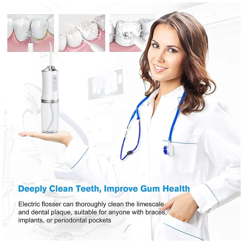 Water Flosser Portable Dental Water Jet Oral Teeth Irrigator Waterproof Tooth Cleaner Water Flosser Oral Flosser 3 Modes And 4 Nozzels 220 ML