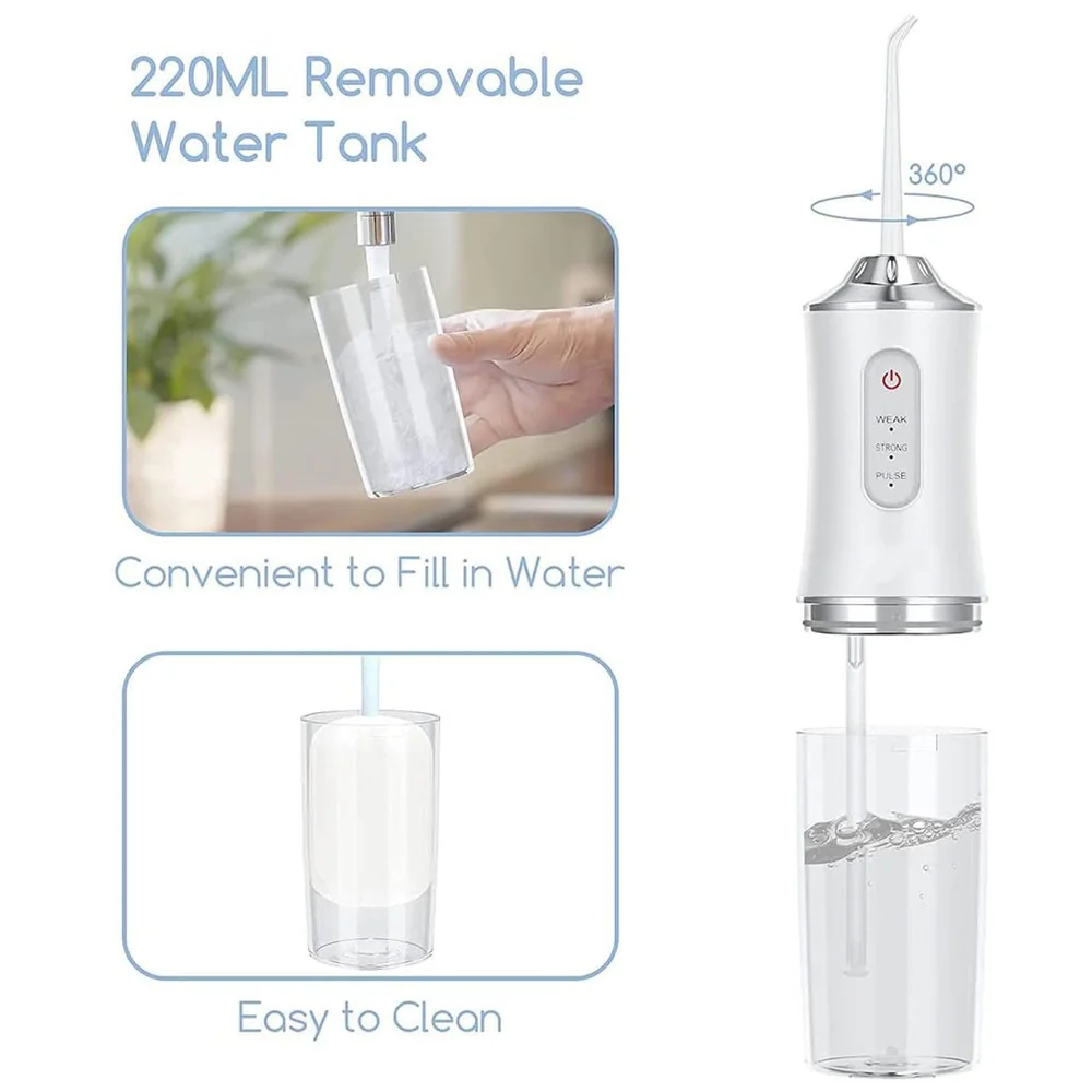 Water Flosser Portable Dental Water Jet Oral Teeth Irrigator Waterproof Tooth Cleaner Water Flosser Oral Flosser 3 Modes And 4 Nozzels 220 ML