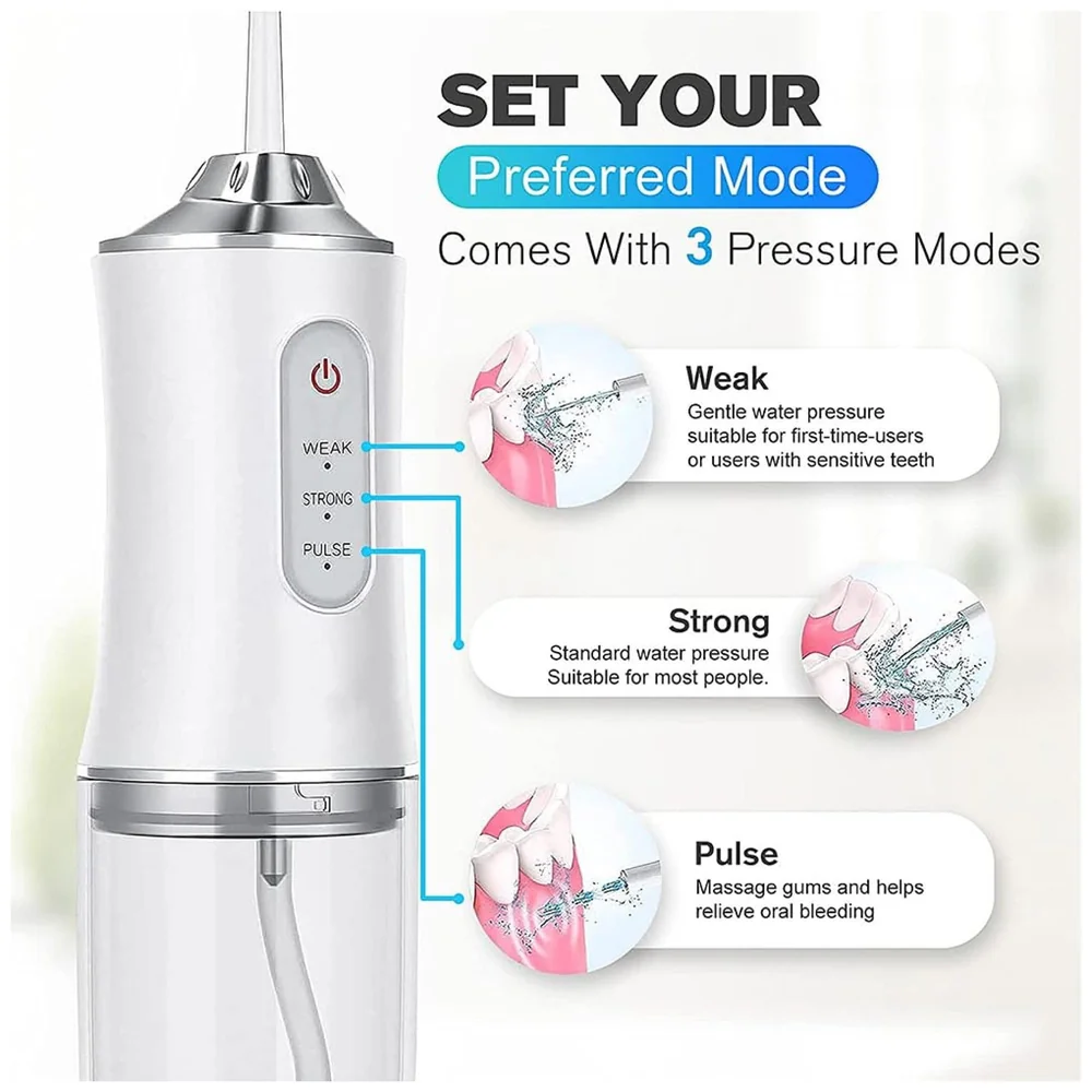 Water Flosser Portable Dental Water Jet Oral Teeth Irrigator Waterproof Tooth Cleaner Water Flosser Oral Flosser 3 Modes And 4 Nozzels 220 ML